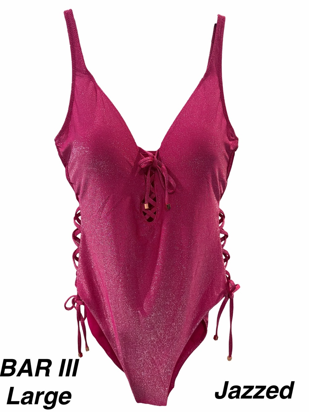 BAR III Women's Jazzed Pink Shimmer Solids Lace-Up One-Piece Swimsuit Size L NWT